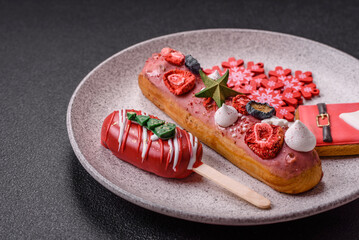 Sweet eclair with chocolate filling, decorated for Christmas