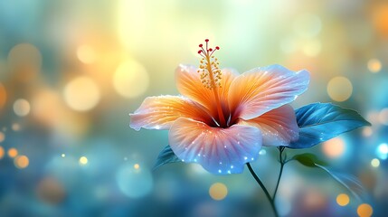 Glowing Peach Hibiscus Flower with Blue Background