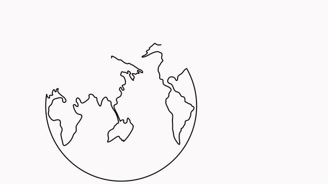World map with flying paper airplane one line art animated video. Continuous Earth globe line drawing animation.