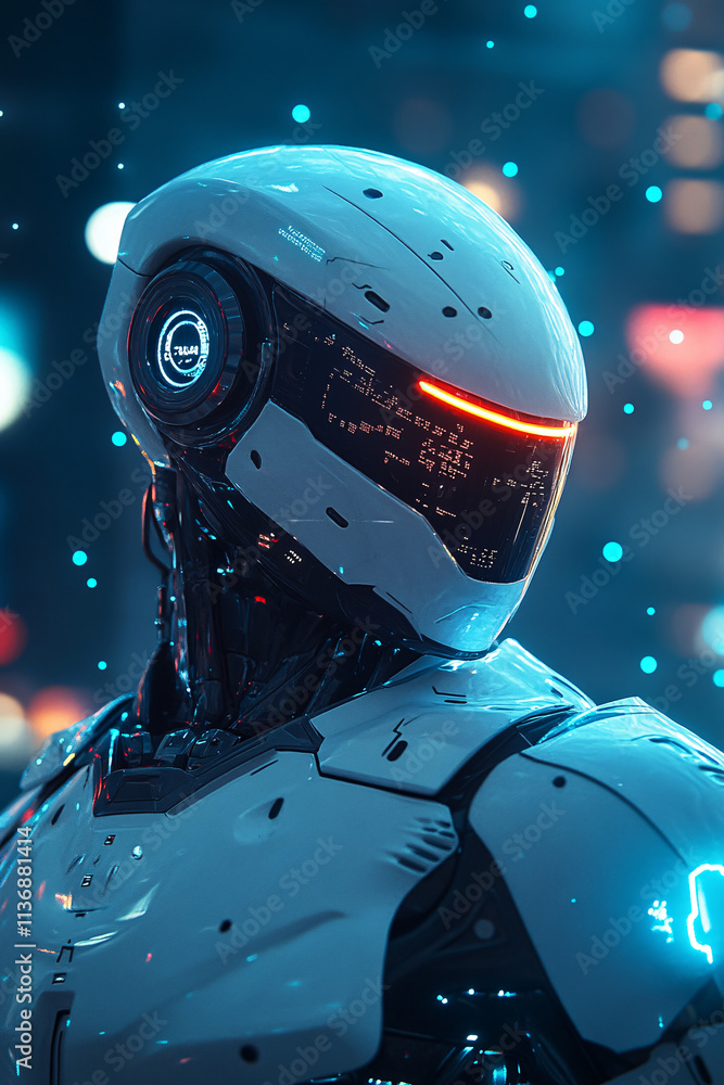 Poster a futuristic robot icon glowing with tech data, representing automation platforms, ai-driven systems