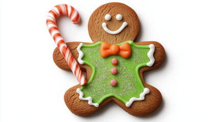 Obraz premium A festive gingerbread man holding a swirled candy cane, bright green icing with strawberry-pink accents, a deep golden-brown cookie body