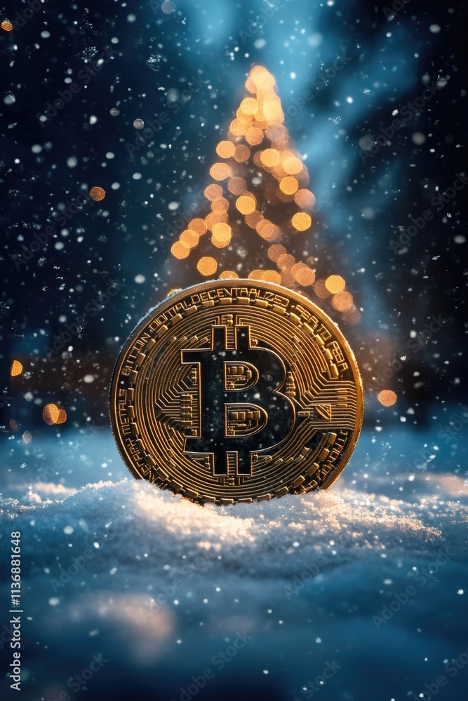 Poster golden bitcoin standing in snow with christmas tree lights in background during snowfall at night