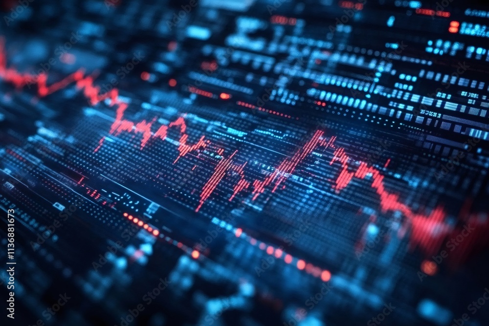 Poster stock market crash showing falling values with digital charts on blue background