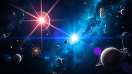 Dramatic binary star system with bright-colored planetary bodies for scientific imaging