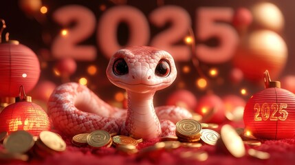 Cute cartoon snake surrounded by Chinese New Year decorations and gold coins, celebrating the year 2025.