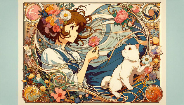 A cel-style illustration of a cat and a girl.generated by AI.