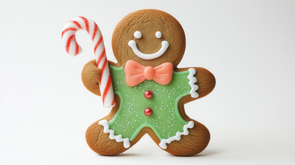 Naklejka premium A festive gingerbread man holding a swirled candy cane, bright green icing with strawberry-pink accents, a deep golden-brown cookie body