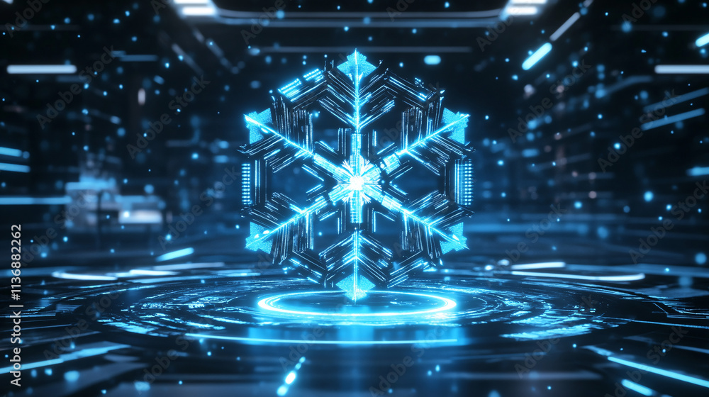 Poster a futuristic snowflake icon glowing with weather data, representing online meteorology platforms, cl