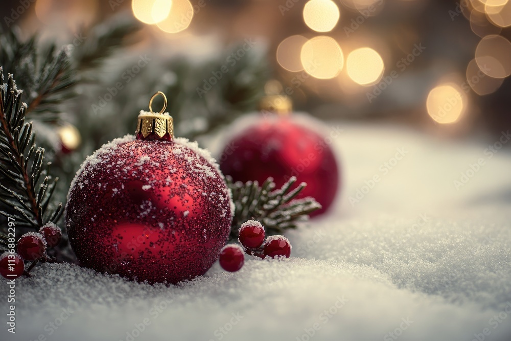 Poster red christmas balls lying on snow with bokeh lights in background