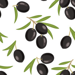 Black olives seamless pattern. Vector cartoon flat illustration. Food background.