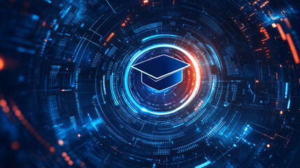 A futuristic student ID icon surrounded by educational data, representing online enrollment platforms, smart student management, and digital verification tools. 