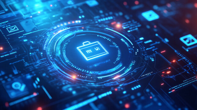 A futuristic student ID icon surrounded by educational data, representing online enrollment platforms, smart student management, and digital verification tools. 