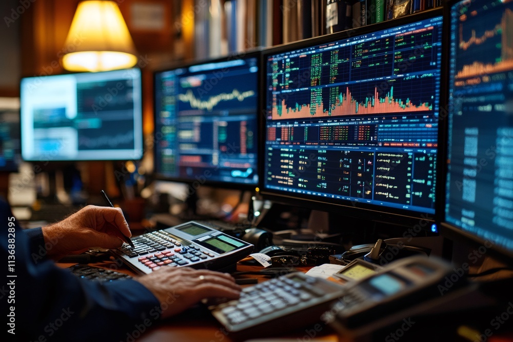 Poster Stockbroker working with multiple computer screens and calculator in office at night
