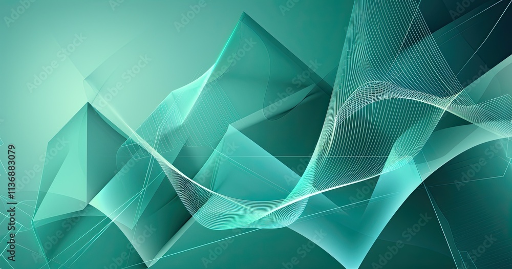Poster abstract digital design featuring flowing lines and geometric shapes in teal tones.