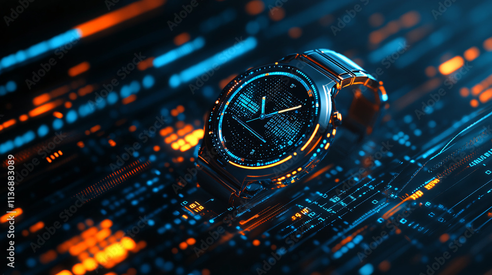 Poster a futuristic watch icon floating above interactive data streams representing smart wearables, online