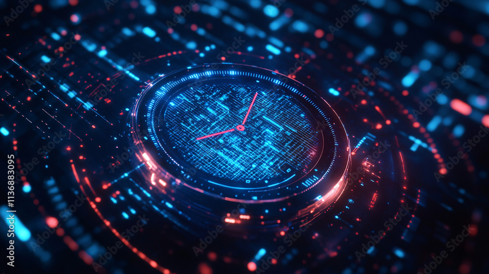 Poster a futuristic watch icon floating above interactive data streams representing smart wearables, online