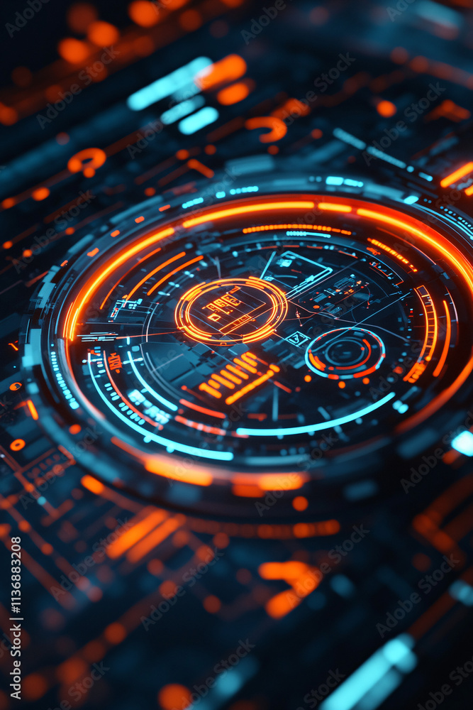 Poster a futuristic watch icon floating above interactive data streams representing smart wearables, online