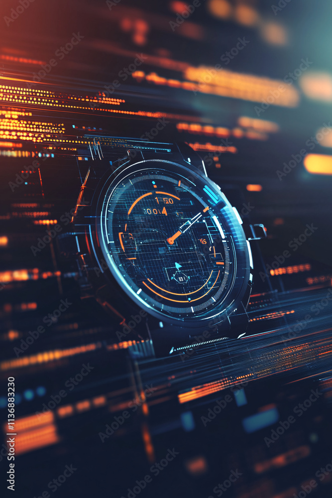 Poster a futuristic watch icon floating above interactive data streams representing smart wearables, online