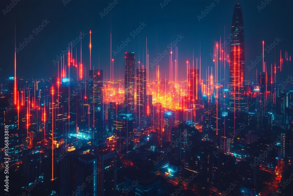 Aufkleber glowing lines representing data flowing over shenzhen cityscape at night
