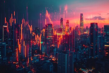 Obraz premium Illuminated cityscape at sunset with stock market data showing economic trends
