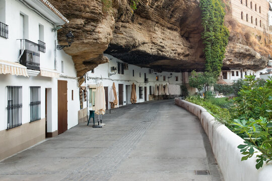 Caves of the Sun Street, a street with caves and rocks, in Setenil de las Bodegas, Andalusia, Cadiz, Spain.