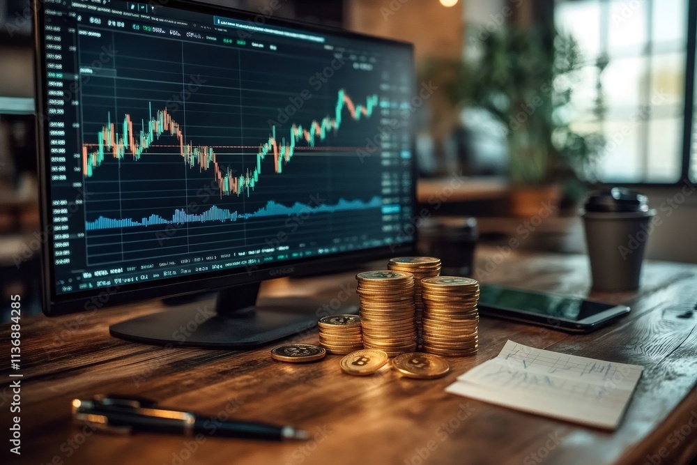 Poster Bitcoin cryptocurrency stacked on desk with stock market chart showing on computer screen