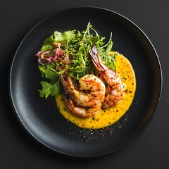 Gourmet Shrimp Dish on Black Plate with Fresh Greens and Sauce