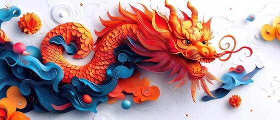 A vibrant, stylized dragon entwined with colorful waves and clouds, showcasing artistry and culture.