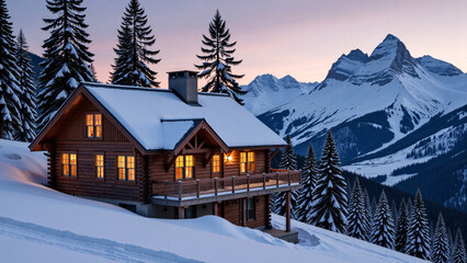 Cabaña Acogedora en un Paisaje Nevado al Atardecer