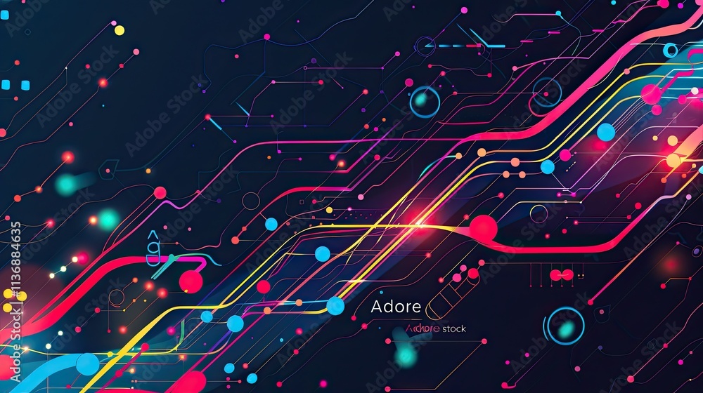 Poster abstract digital design featuring colorful lines and shapes, representing technology and innovation.
