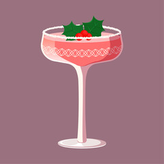 Vector illustration of Christmas cocktail in crystal glass garnished with mistletoe. Festive pink drink in coupe glass