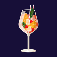 Christmas drink decorated with oranges and cranberry. Winter Spritz cocktail isolated on blue background. Vector illustration of trendy seasonal cocktail.