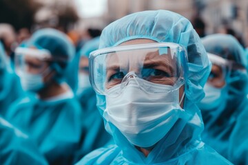 Medical health workers in protective suit, mask, gloves, goggles, face shield. Virus prevention equipment. PPE personal protection. Precaution measures. CDC staff. Asian doctors in PPE biohazard gear