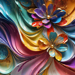 Vibrant abstract flower with golden accents in colorful swirling patterns and dynamic gradient background, digital art style