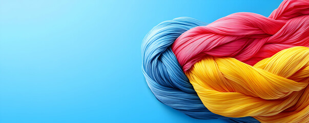 Fototapeta premium Vibrant Fabric Swirls, A Colorful Textile Knot, Intricately Woven Threads Displaying Rich Hues Against a Sky Blue Background.
