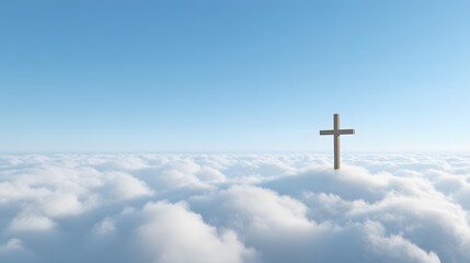 Wooden Cross Above Soft White Clouds and Blue Sky