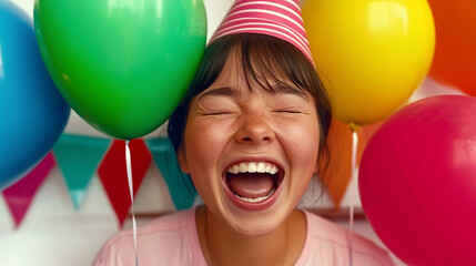 Bright balloons surround a young girl who beams with joy at a lively celebration. Her spirit radiates positivity, highlighting the beauty of integration and everyday joy