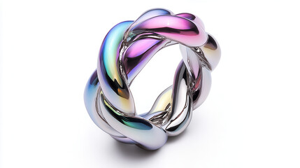 A chrome-like ring designed in organic twisting shapes, surface embedded with holographic reflections in pastel rainbow tones, minimalist modern art style