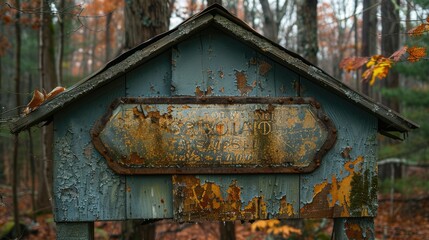 A weathered sign in a forest, indicating a location with peeling paint and autumn foliage.