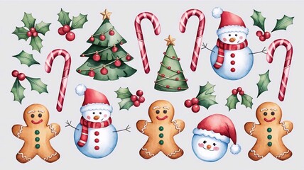 set Christmas decorations, cute watercolor Christmas sweets on isolated on white background. Illustration.
