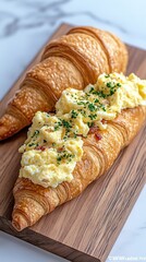 Delicious croissant filled with scrambled eggs and bacon on wooden board