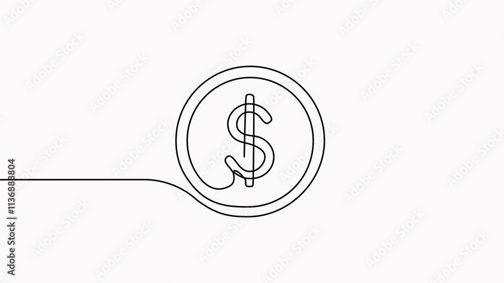 Poster coin continuous one line drawing art animated video. money dollar linear symbol animation.