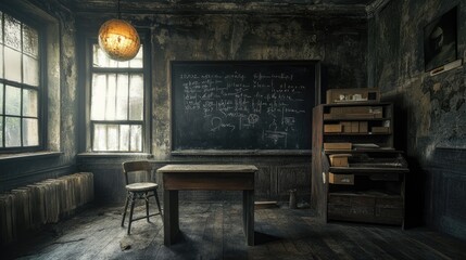 Abandoned Classroom with Chalkboard and Vintage Furniture in Dim Light