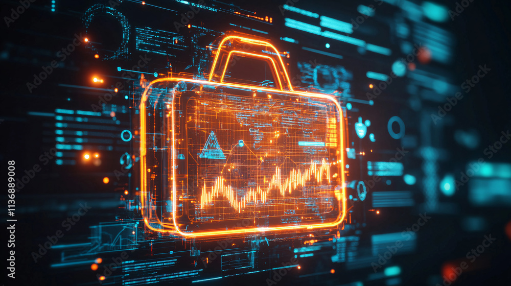 Poster a glowing briefcase icon with data charts representing online job platforms, remote work tools, and 