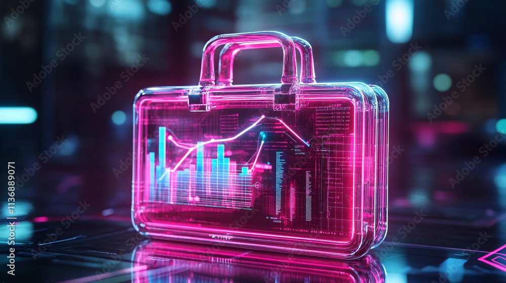 Poster a glowing briefcase icon with data charts representing online job platforms, remote work tools, and 
