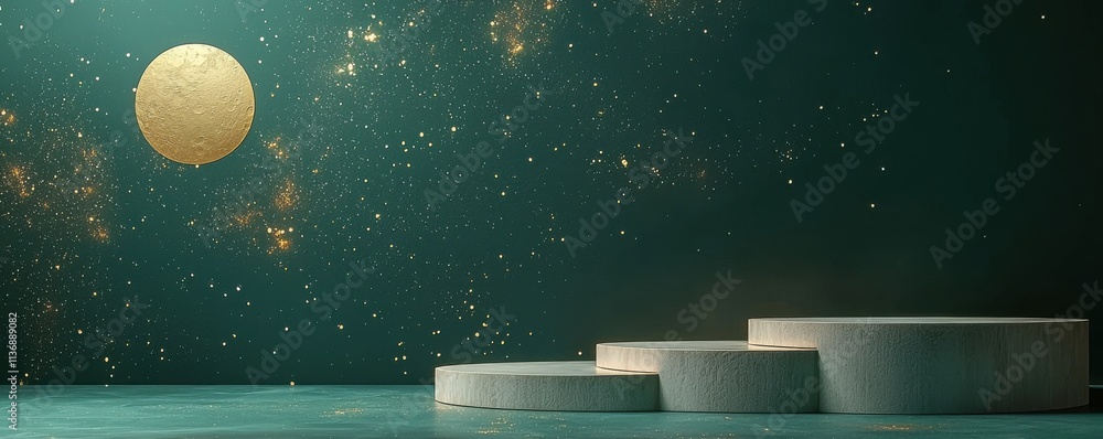 Poster elegant 3d render with green background and golden celestial elements