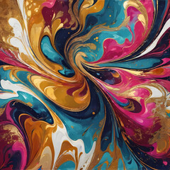 Vibrant abstract flower with golden accents in colorful swirling patterns and dynamic gradient background, digital art style