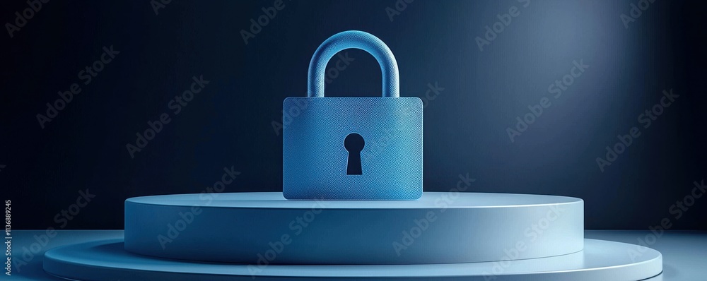 Poster 3d render of a blue padlock on a circular platform with light