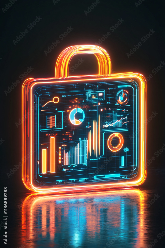 Poster a glowing briefcase icon with data charts representing online job platforms, remote work tools, and 
