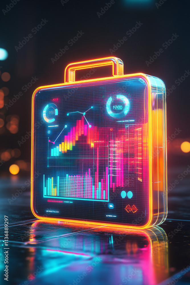 Poster a glowing briefcase icon with data charts representing online job platforms, remote work tools, and 